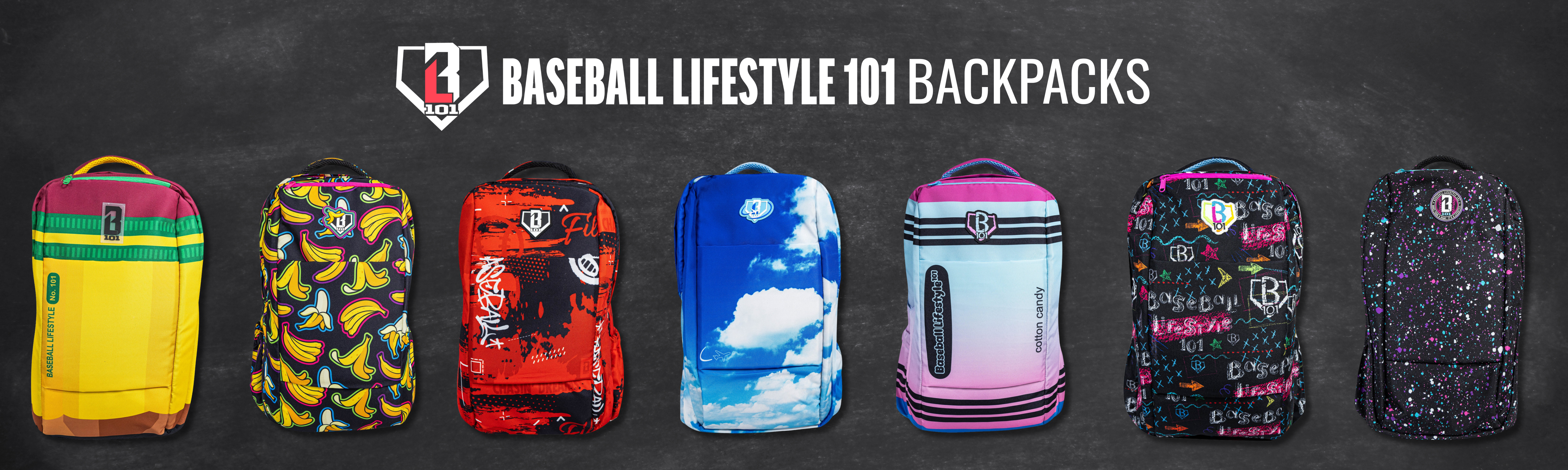 Lineup of 7 different Baseball Lifestyle 101 Backpacks